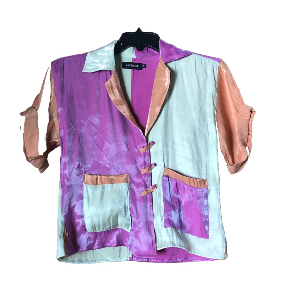 Pastiche Pink Collared Silky Color Block Button Up Blouse Size Small